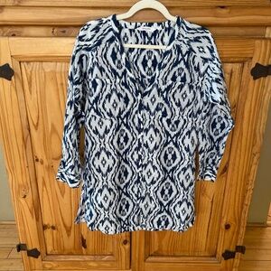 Athleta Kaftan Shirt Navy and White Ikat Print Cotton/Silk Blend Button Up Small